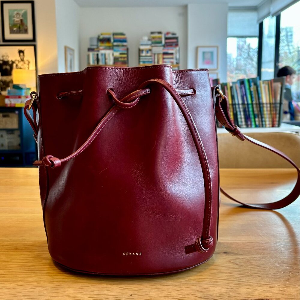 Sezane Farrow Leather Bucket Bag Burgundy
